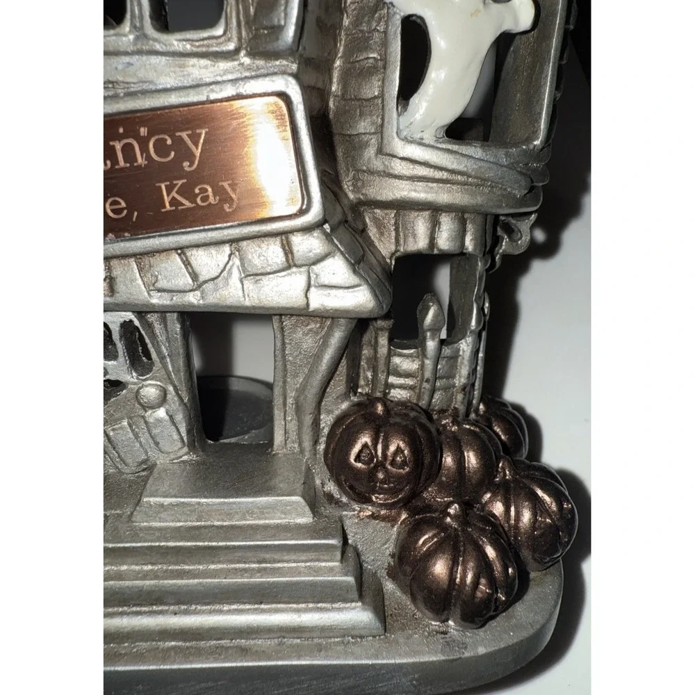 Silver Cast Metal Haunted House Tea Light Holder Halloween Ghost Pumpkin Decor